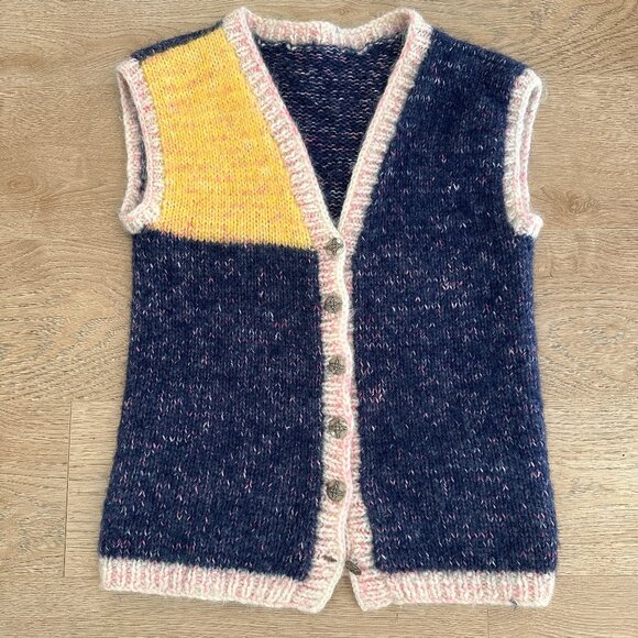 Handmade Knit Wool Button Down Knit Vest sz M - Marled Blue & Pink / Yellow - Picture 1 of 11